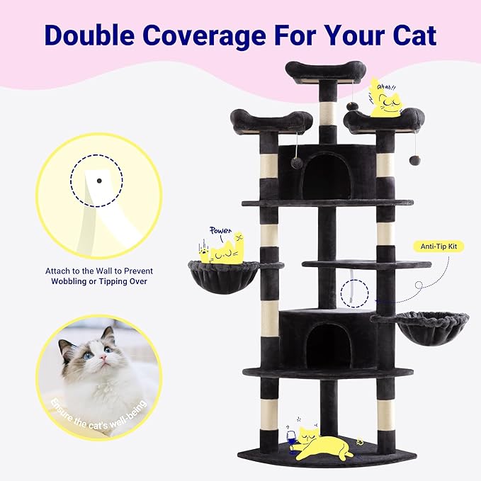 Allewie 73in Fan-Shaped Space-Saving Corner Cat Tower/Multi-Level Tall Cat Tree - Image 3