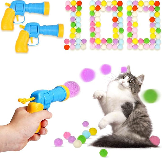 100PCS Cat Ball Toys with 2 Launchers Set, Funny Interactive Cat Toys by TEAWOO