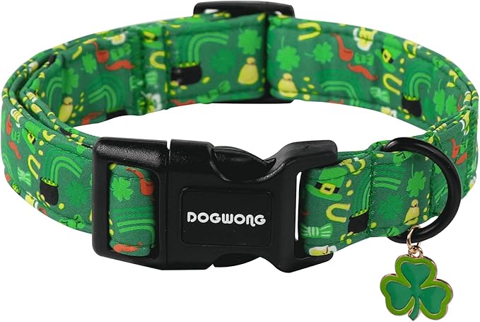 DOGWONG St Patrick's Dog Collar- Green Clovers Dog Collar, Adjustable Cotton by DOGWONG