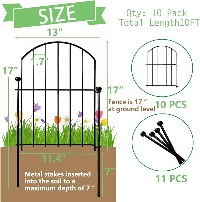 Decorative Garden Fence 17inx13in, 26 Pack Rustproof Metal No Dig Fence Animal - Image 2