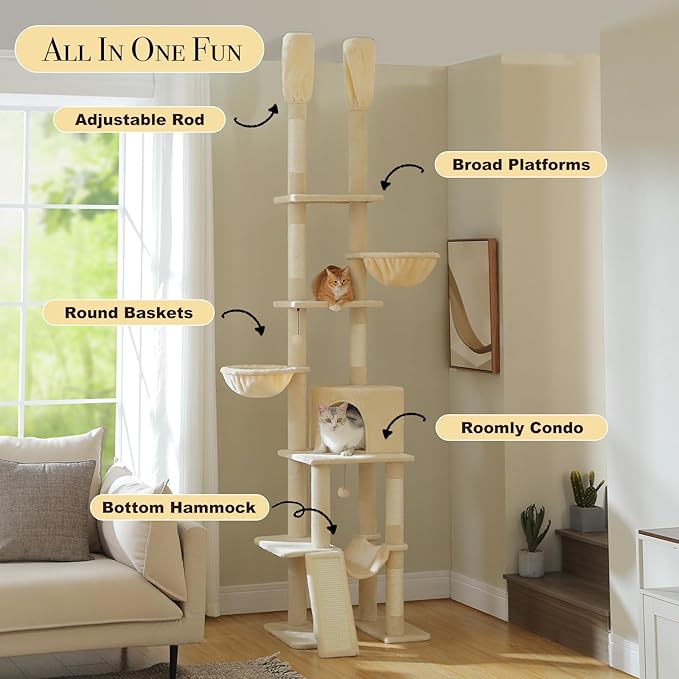 Floor to Ceiling Cat Tree Height Adjustable, Tall Cat Tower 7 Tiers Activity - Image 4