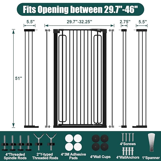 keny 51" Extra Tall Pet Gate, 29.7"-46" Wide Adjustable Cat Gate - Image 6