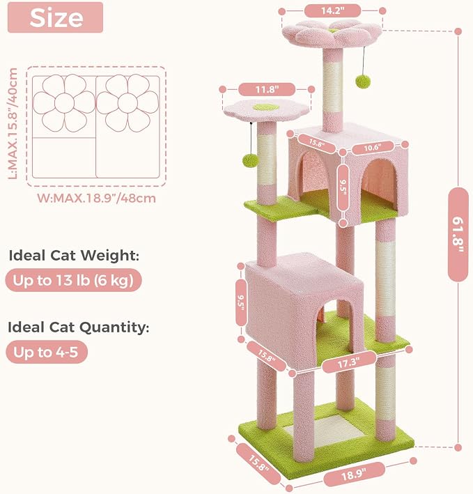 Flower Cat Tree, 62-Inch Tall Multi-Level Cat Tower - Image 7