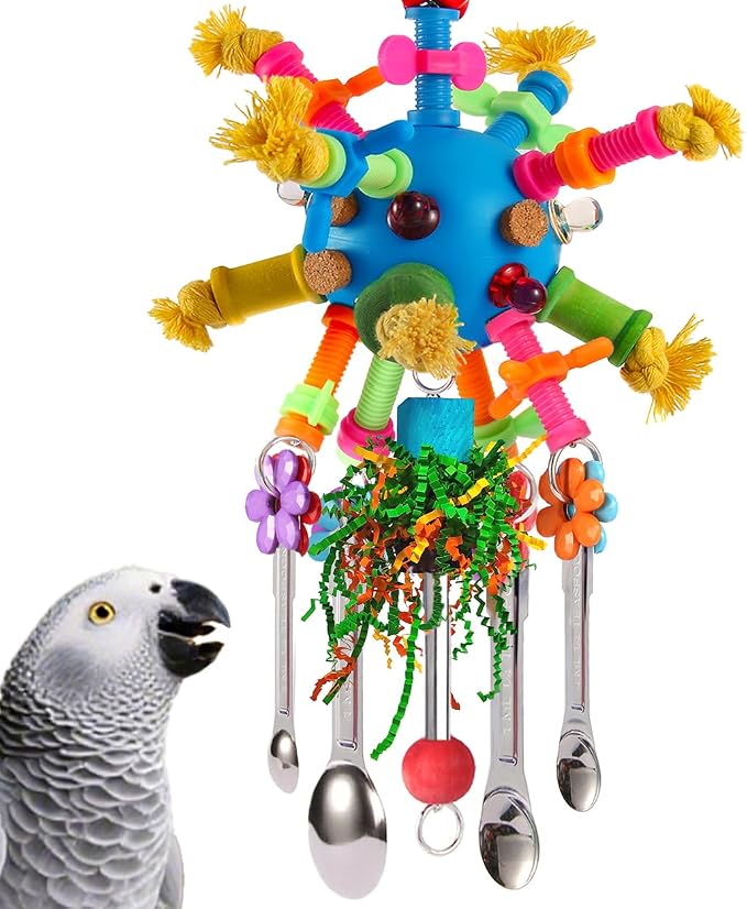 Parrot Toys Bird Toys Perch Pullable Stainless Steel Spoons Colorful Acrylic by YIXUND