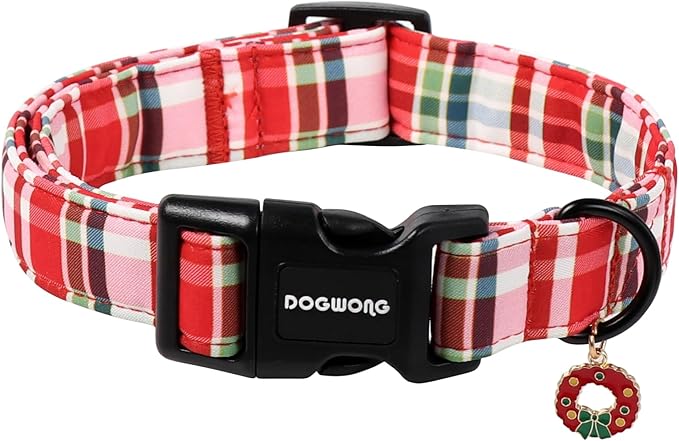 DOGWONG Christmas Dog Collar, Adjustable Red Checkered Pet Collars Christmas by DOGWONG