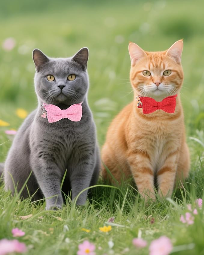 Cat Collar Breakaway with Bells, Soft Cotton Pink Cat Bowtie Collar - Image 8