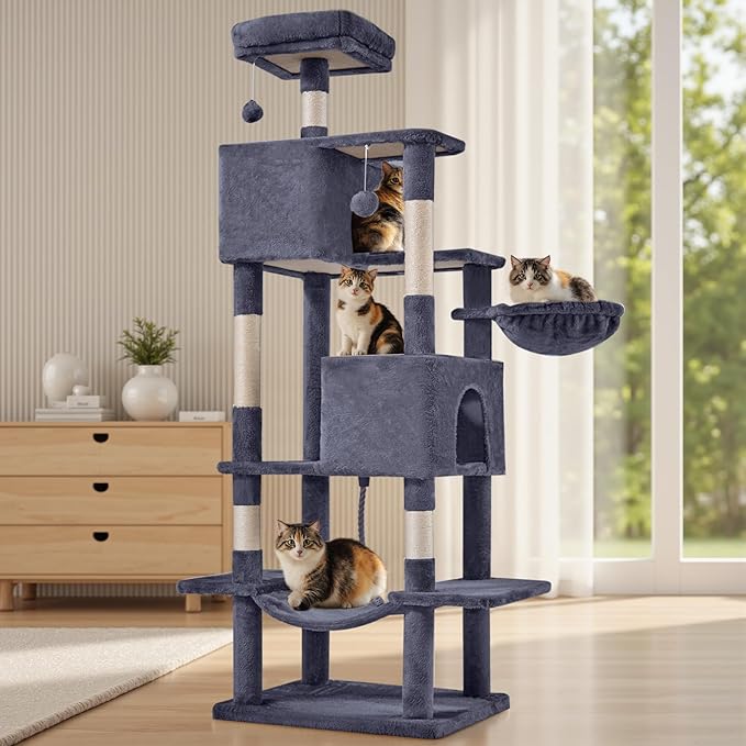 Large Cat Tree 66 Inch, Sisal Scratching Posts and Hammock, Pet Play House by Aidoly
