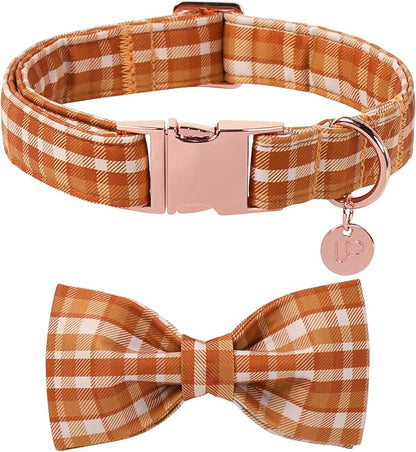 Fall Plaid Dog Collar and Bow Tie Set – Brown Orange Checkered Adjustable Collar by UPURARAPUP