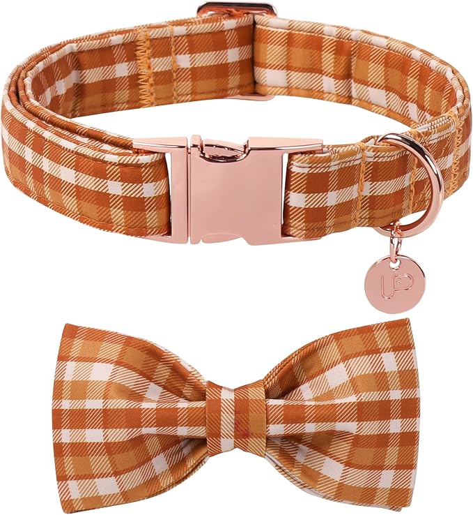 Fall Plaid Dog Collar and Bow Tie Set – Brown Orange Checkered Adjustable Collar by UPURARAPUP