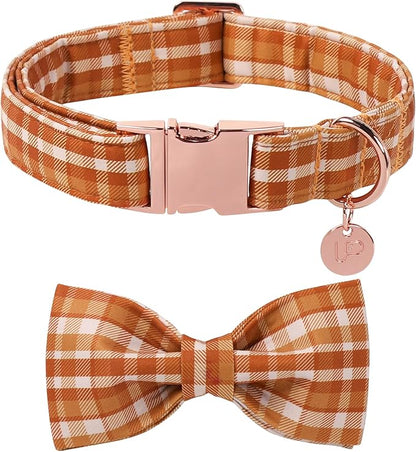 Fall Plaid Dog Collar and Bow Tie Set – Brown Orange Checkered Adjustable Collar by UPURARAPUP
