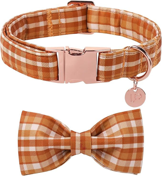 Fall Plaid Dog Collar and Bow Tie Set – Brown Orange Checkered Adjustable Collar by UPURARAPUP