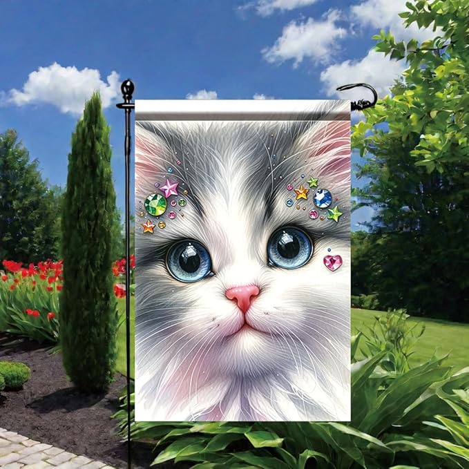 Cute Kitty Garden Flag 12x18 Inch Bling Rhinestone Cat Face Banner Double Sided - Image 6