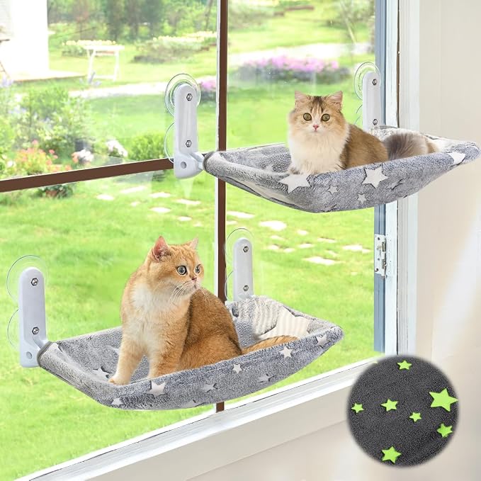 2PC Cat Window Perch, Glow in The Dark Cordless Foldable Pet Hammock Bed by Zoratoo