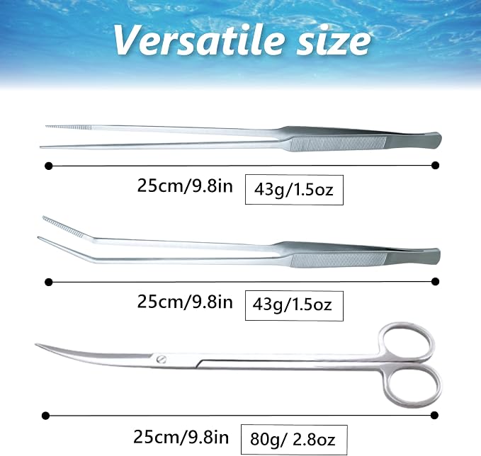 3-Piece Aquascaping Tools Set – 25cm / 9.8in Straight & Curved Long Tweezers - Image 3