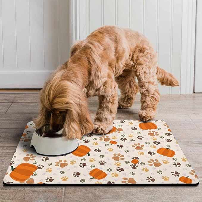Fall Pumpkin Dog Food & Water Mat, Paw Prints Autumn Pet Feeding Mat - Image 2