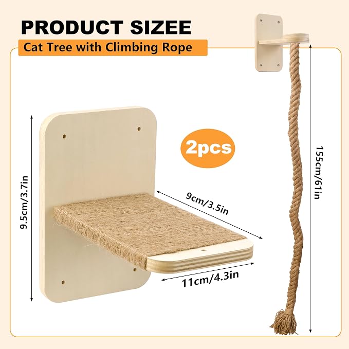 Cat Wall Shelves with 2 x 60 Inch Climbing Rope, Wall Mounted Cat Tree with - Image 2