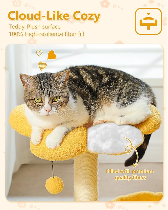 28" Flower Cat Tree Cute with Flower Top Perch, Large Hammock - Image 4
