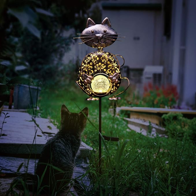 KAIXOXIN Garden Solar Lights Metal Cat Crackle Glass Globe Stake Light - Image 3