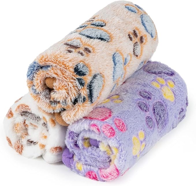 Dono 1 Pack 3 Dog Blankets for Small Dogs, Soft Fluffy Paw Print Pattern Fleece - Image 3