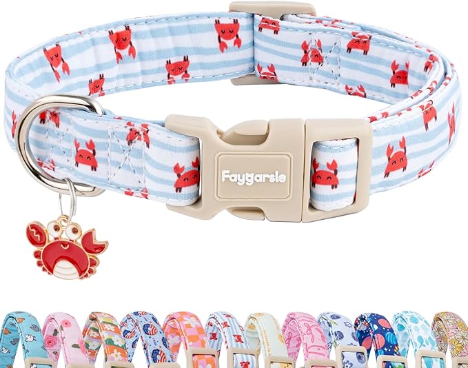 Faygarsle Cute Crab Pattern Dog Collar, Cotton Fabric, Light Blue Stripes by Faygarsle