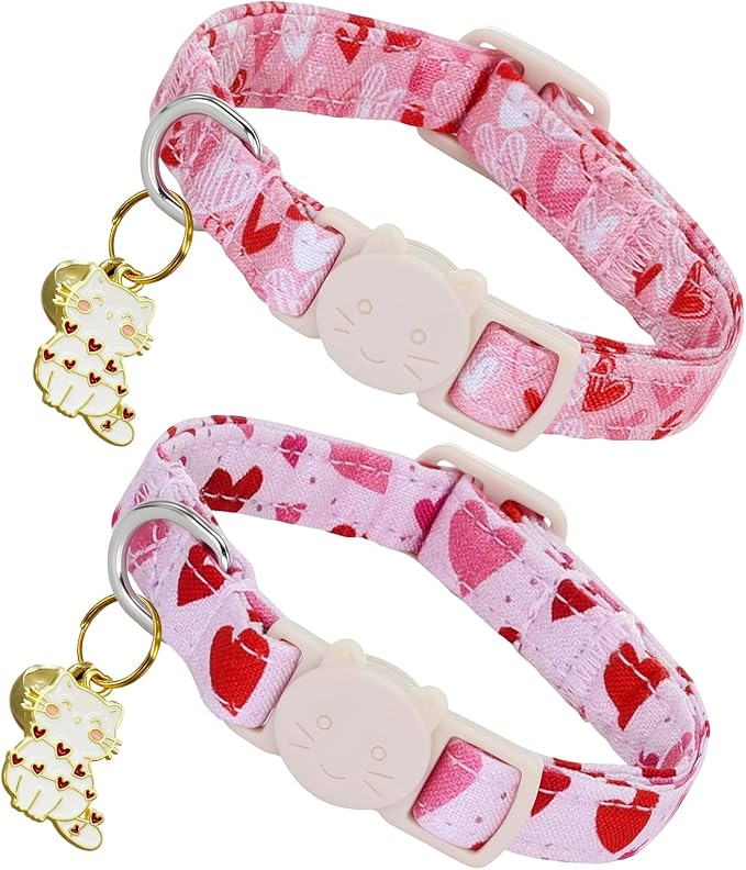 Valentine Cat Collar-2 Pack Collars Red Heart and Line Heart Print Breakaway by BoboRainbow