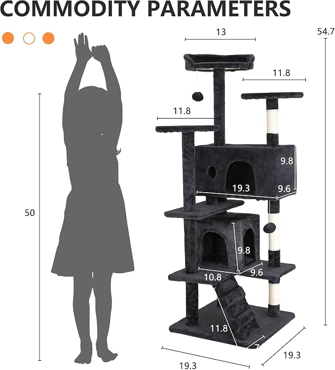 BestPet | 54" Cat Tree Tower | Dark Gray | Sturdy, Hanging Cat Toys, - Image 7