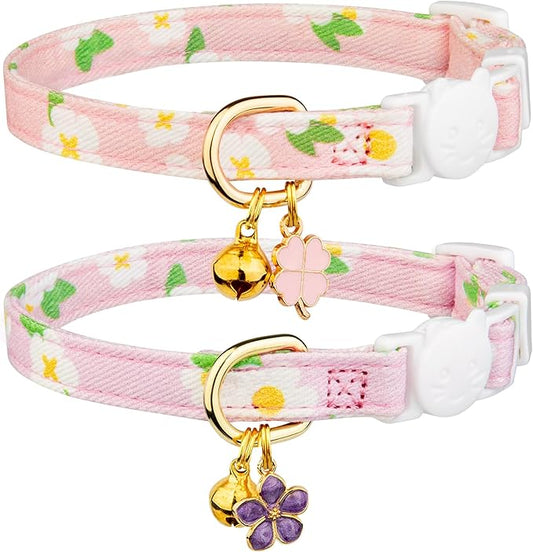2 Pack Cotton Breakaway Cat Collar Purple and Pink Flowers Pendant Cute Kitten by Fyeqyaou