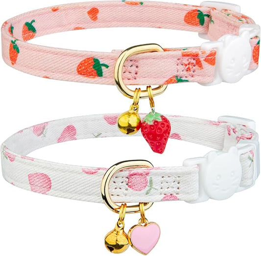 2 Pack Cotton Breakaway Cat Collar Pink Strawberries and White Heart Shaped by Fyeqyaou