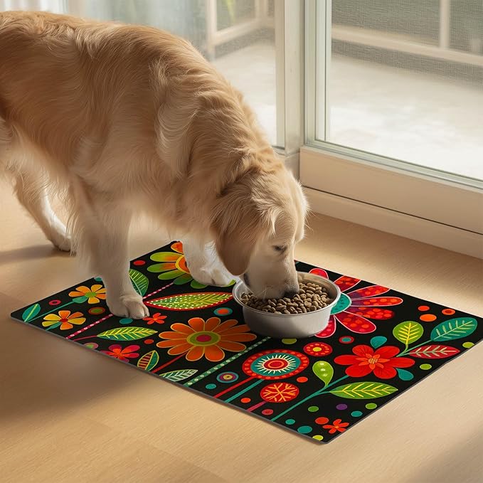 Vibrant Flower Pattern Pet Food Mat Spill-Proof Pet Feeding Mats - Image 2