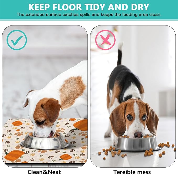 Fall Pumpkin Dog Food & Water Mat, Paw Prints Autumn Pet Feeding Mat - Image 3