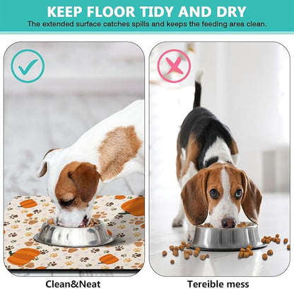 Fall Pumpkin Dog Food & Water Mat, Paw Prints Autumn Pet Feeding Mat - Image 3