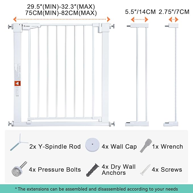 COMOMY 30" Tall Baby Gate for Stairs Doorways, Fits Openings 29.5" to 40.5" Wide - Image 5
