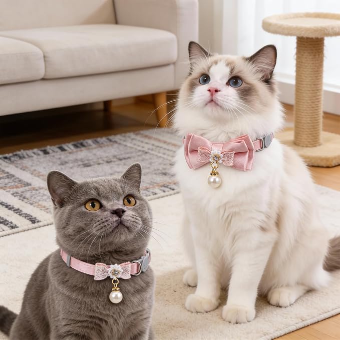 2 Pack Pink Cotton Cat Collars for Girl Cats, Cute Pearl Bow Kitten Collar - Image 6