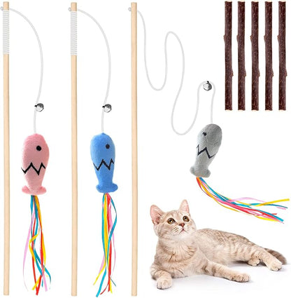 Natural Wood Cat Wand Toy with Ribbon Fish Teaser by Plant+Castle