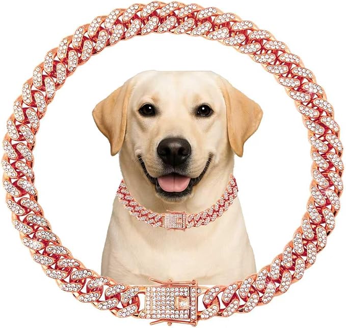 Cuban Link Dog Chain Collar Rose Gold Crystal Dog Necklace Metal by Unknown
