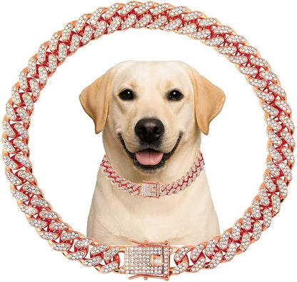 Cuban Link Dog Chain Collar Rose Gold Crystal Dog Necklace Metal by Unknown