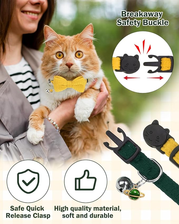 Cat Collar Breakaway with Bells, Soft Cotton Green Cat Bowtie Collar - Image 3