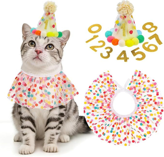 SCENEREAL Cat Birthday Hat & Scarf Costume Set, Pet Birthday Party Supplies by SCENEREAL