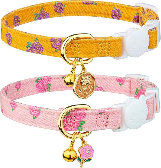 2 Pack Cotton Breakaway Cat Collar Yellow and Pink Rose Pendant Cute Kitten Cat by Fyeqyaou