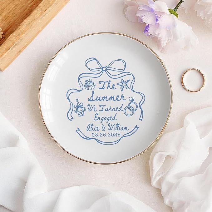 Personalized Ring Dish Engagement Gift, Whimsical Doodle Engaged Ring Holder - Image 4