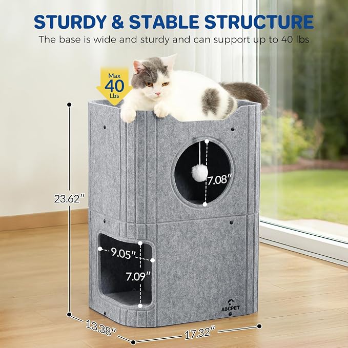 Cat House for Indoor Cats, 2-Storey Cat Bed Cave, Felt Cat Hideaway Condo - Image 3