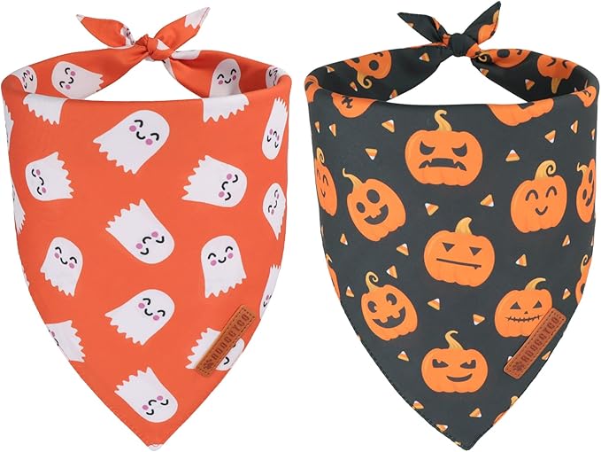 ADOGGYGO Halloween Dog Bandanas 2 Pack, Reversible Pumpkin Ghost Scarf by ADOGGYGO