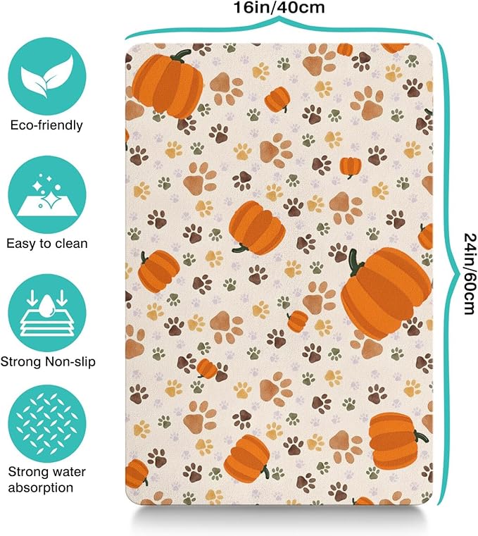 Fall Pumpkin Dog Food & Water Mat, Paw Prints Autumn Pet Feeding Mat - Image 4