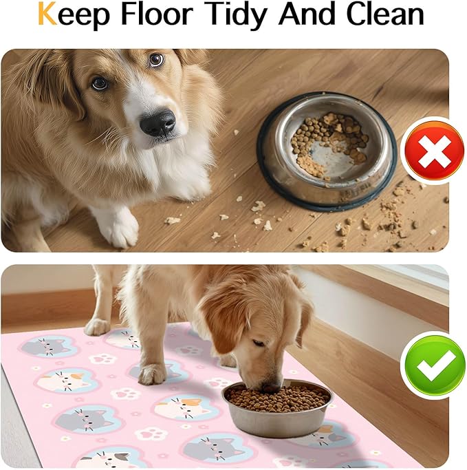 Cat Feeding Mat 24x16 inch Pink Heart Kitten Print Pet Bowl Placemat Non Slip - Image 8