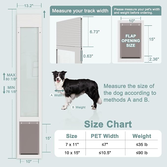 Dog Door for Sliding Glass Doors, Adjustable Height 76 1/8"-80 7/8" Aluminum - Image 2