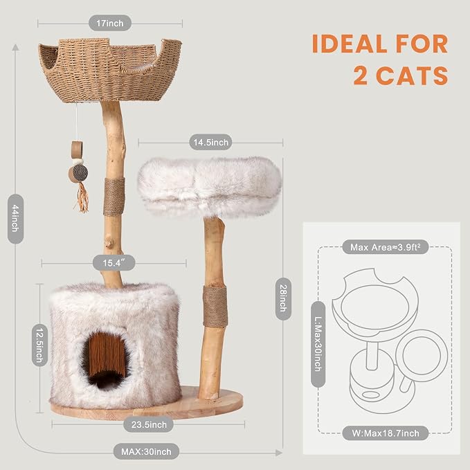 Cat Tree Tower with Two Real Branches, 44 INCH Wood Modern Cat Tower with - Image 7