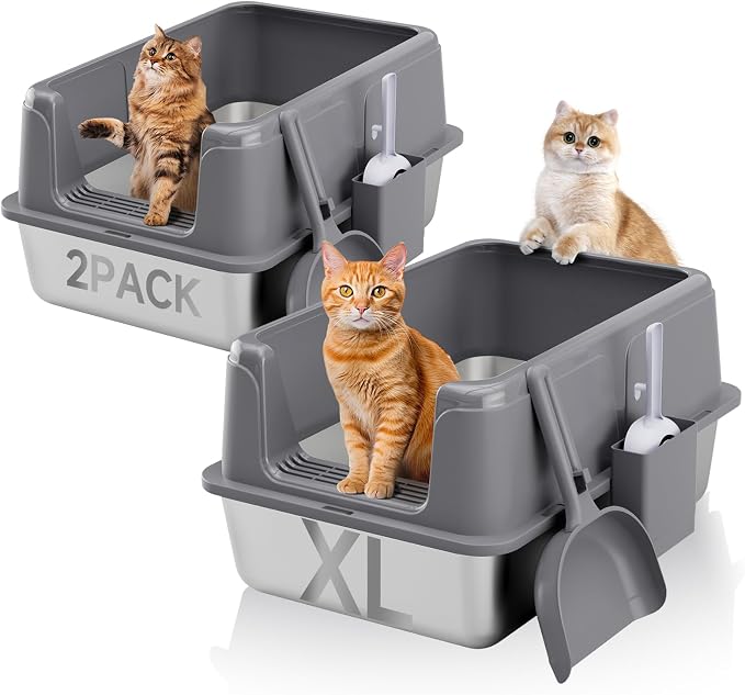 2 Pack Stainless Steel Litter Box, XL Enclosed Cat Litter Boxes, Metal Litter by KISENG