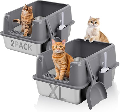 2 Pack Stainless Steel Litter Box, XL Enclosed Cat Litter Boxes, Metal Litter by KISENG