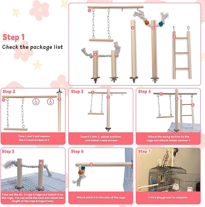 PINVNBY Bird Playground, Wood Parrot Play Gym Stand Perch Bird Cage Accessories - Image 3