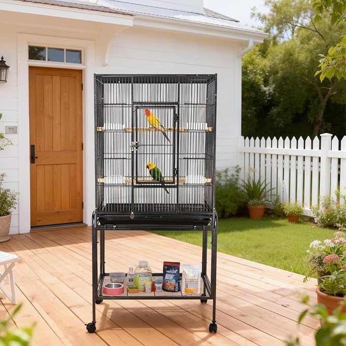 53 Inch Bird Cage with Wooden Perches, Standing Wrought Iron Birdcage with - Image 9